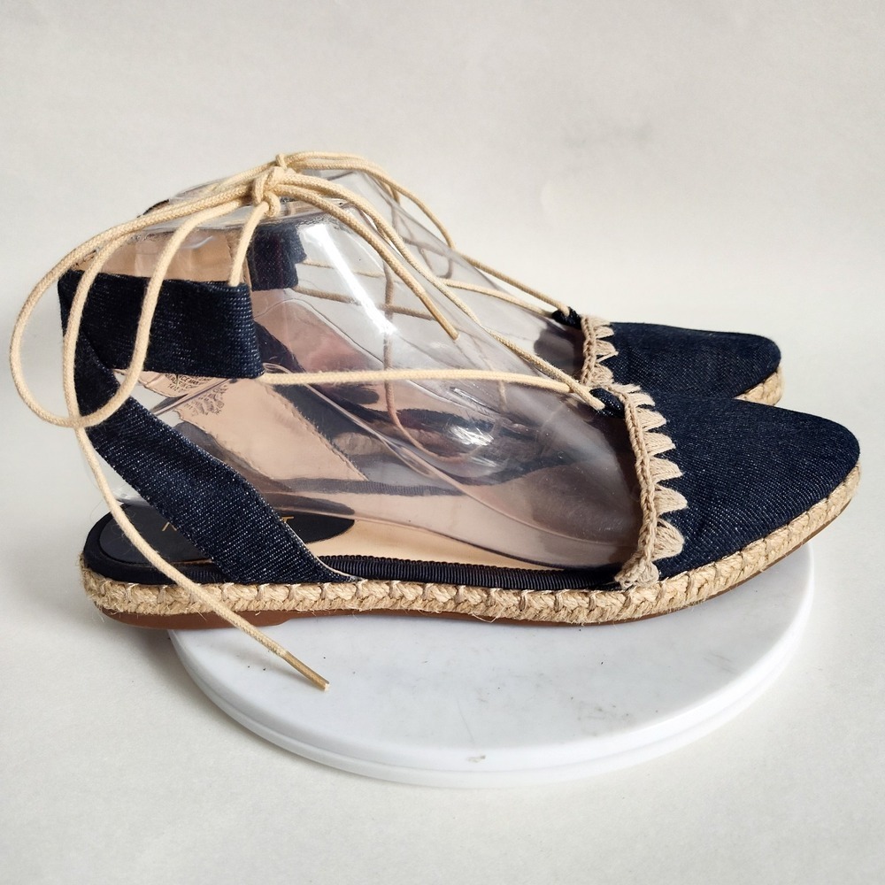 Nine West Sandals 6.5 Espadrille Slingback Blue Denim Ankle Tie Closed Toe Flats